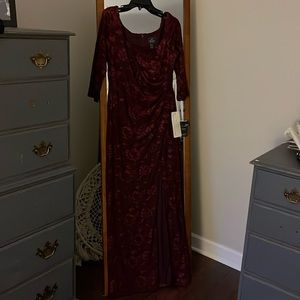 Adriana Papell Full Length formal dress, cranberry, front slit, 3/4 sleeves